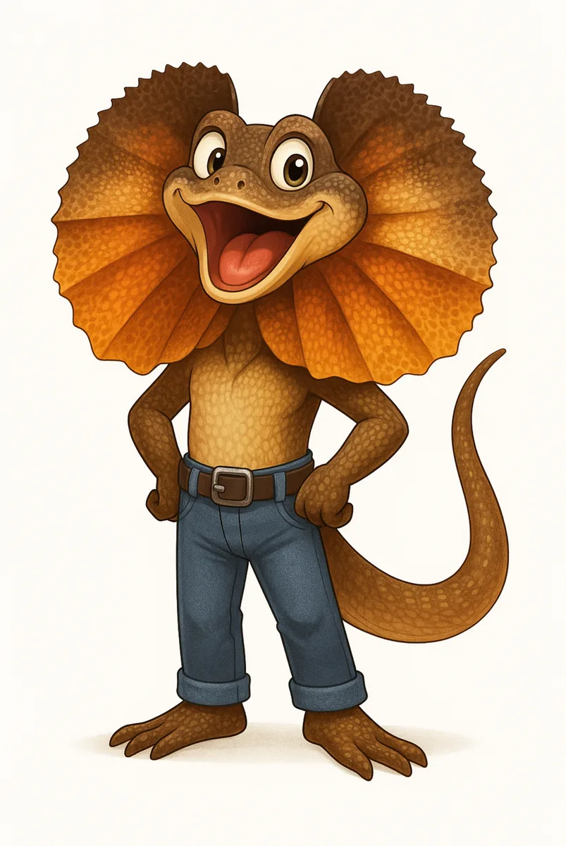 Frizzy, a smiling frilled-neck lizard wearing blue jeans and a brown belt